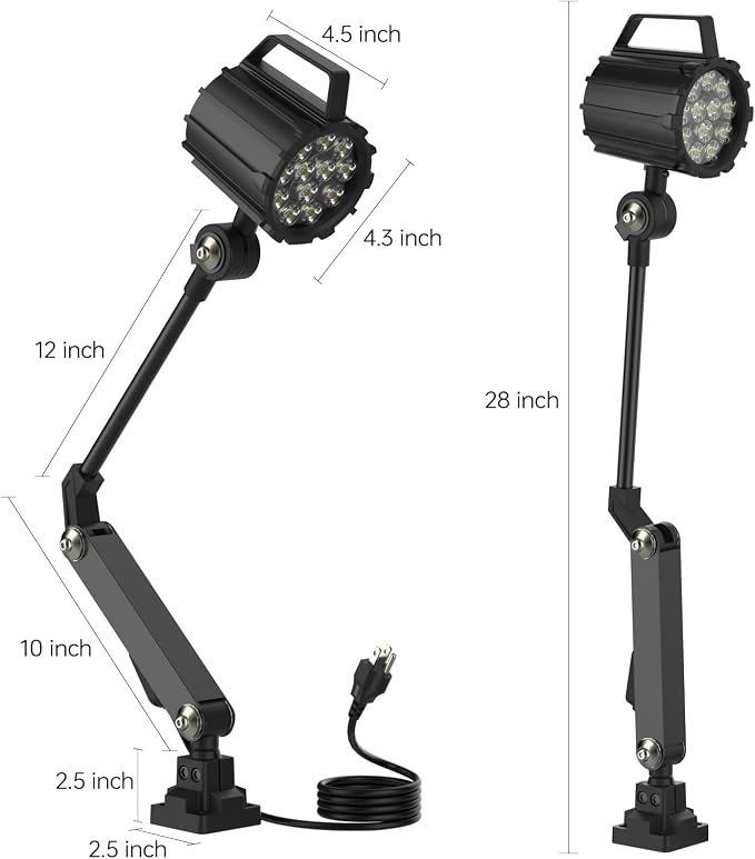 Articulating Led Work Light, 18W Black Machine Lights, 2160 Lumens Flexible Wood Lathe Light Drill Press Lighting 110-220v