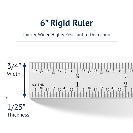 PEC Tools Made in USA Machinist Rule, 6" Rigid Steel Rule, Satin Chrome Finish, Markings 1/32", 1/64",1/10",1/50" for Professionals