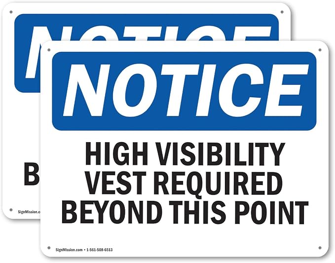 (2 Pack) High Visibility Vests Required Beyond This Point OSHA Notice Sign 18 Inch X 12 Inch Plastic Sign, Weather Resistant, UV Protected for Workplace, Business, and Construction Site, Made in the USA