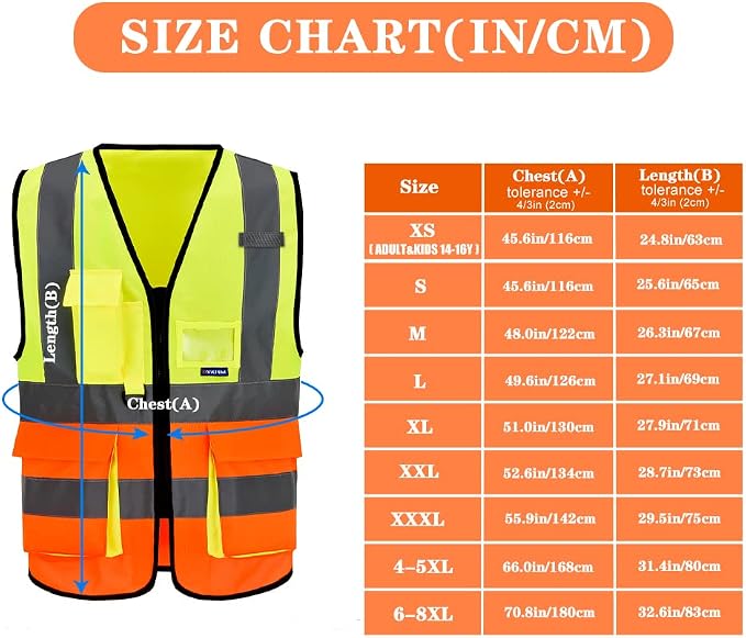 A-SAFETY Hi-Vis Safety Vest, Reinforced Points, Zipper, Yellow/Orange, 2XL | Yellow/Orange 2XL work vest with 7 pockets, reinforced pockets and front zipper for railway operations; unisex workwear.