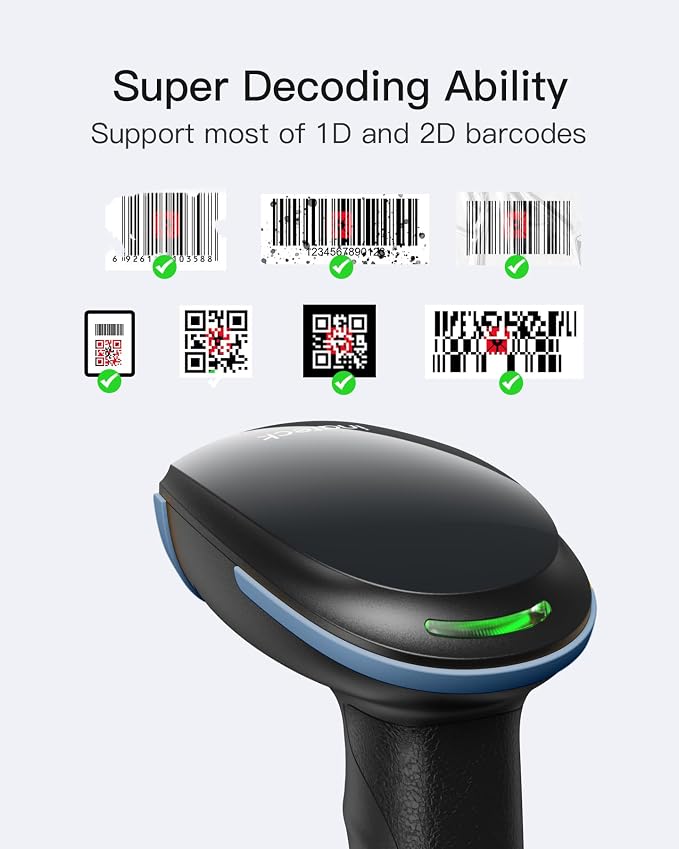 Inateck 2D Barcode Scanner with Intelligent Stand, Wireless QR Code Scanner, Handheld Scanner with APP and SDK, 2D Imager with 2600mAh Battery, BCST-35 Blue
