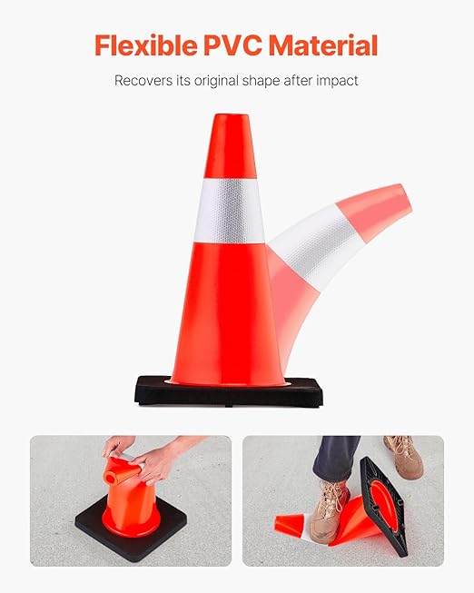 VEVOR Safety Cones, 5 Pack 18" Traffic Cones, PVC Orange Construction Cones with Reflective Collars and Black Weighted Base, for Traffic Control, Driveway Road Parking and School Improvement