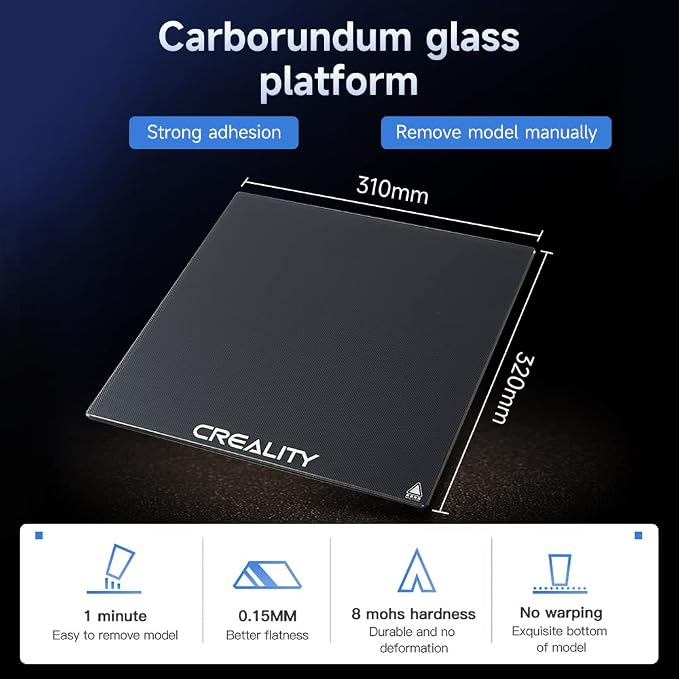 Creality Official Ender 3 Max Neo Glass Bed 3D Printer Platform, 320 x 310MM Tempered Glass Plate Build Surface for Ender-3 Max, CR-10 V2, CR-10 V3, CR-X, CR-X Pro, Good Adhesion Remove Easily