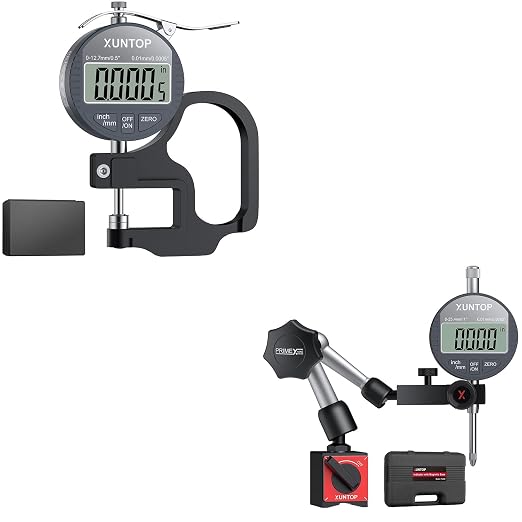 XUNTOP Professional Dimensional Measurement Kit: Digital Thickness Gauge & Dial Digital Indicator with Magnetic Base, LCD Display, 0.0005inch Accuracy, Unit Conversion for Metal Plastic Leather