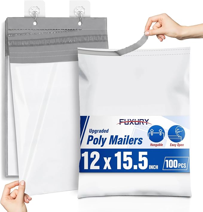 Fuxury Poly Mailers 12x15.5 100PC (Upgraded Version) Shipping Bags for Clothing with Easy-Open Tear Strip & Hangable for Easy Use, Self-Seal Shipping Envelopes Mailing Bags for Small Business in White