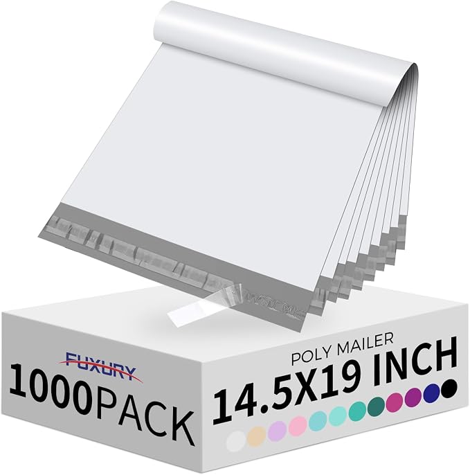 Fuxury Poly Mailers 14.5x19 Inch 1000 Pack, Bulk Shipping Bags for Clothing, Strong Adhesive Shipping Envelopes for Small Business Suppliers,Waterproof Mailers Poly Bags Mailing Envelopes White