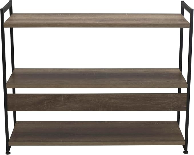 Household Essentials Wide 3‑Shelf Open Storage Bookshelf in Oak Rustic Wood Grain and White Metal Frame, Ashwood