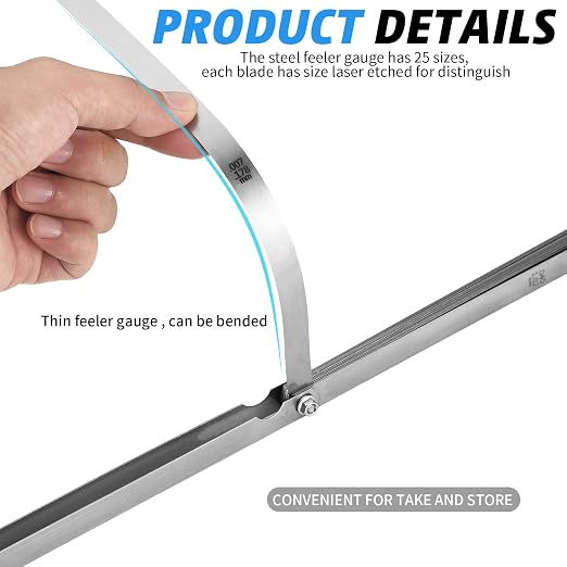 2 Pcs 25 Blade Long Feeler Gauge Set 0.038-1.02mm, Stainless Steel Feeler Gauge Dual Marked Metric and Imperial Measuring Tool, Silver for Guitar, Spark Plug, Piston Measure