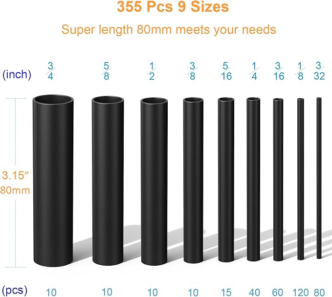 Heat Shrink Tubing Kit 355pcs - 3:1 Dual Wall Adhesive Lined - Electrical Waterproof Industrial Heat-Shrink Tubing Terminals- Marine Grade Wire Connector Shrink Wrap Tube - 3.15" Length - Black