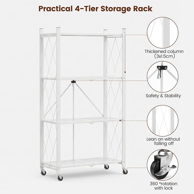ALANNG 4 Tier Folding Storage Shelf on Wheels,Heavy Duty Metal Rolling Cart | 264 lbs Capacity, No Tools Assembly, Folds to 3.9", Lockable Casters, Portable for Kitchen Laundry Garage