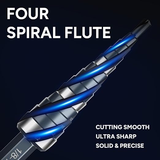 Four Spiral Flute Step Drill Bit Set, 1/8"-1-3/8" (59 Sizes), 5PCS High-Speed Steel Unibit Step Bits with 1/4" and 3/8" Hex Shank for Stainless Steel,Metal,Aluminum,Wood,Plastic