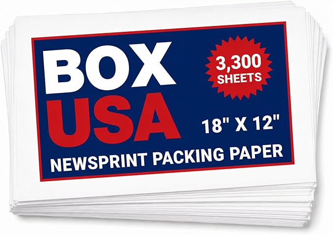 BOX USA Packing Paper Sheets 12" x 18" (3300 Sheets) - Newsprint Paper for Shipping, Storage and Moving Supplies, White