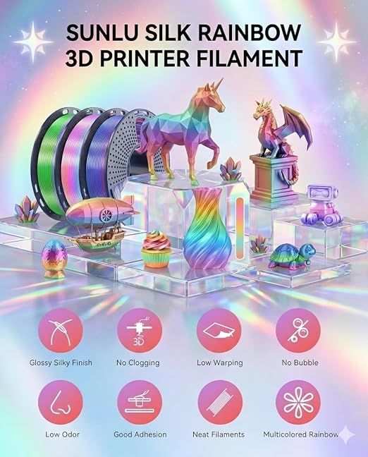 250g Rainbow Silk PLA Filament 1.75mm, SUNLU 3D Printer Silk PLA Filament Bundle,Shiny Silk Multicolor Filament Bundle, Fast Color Change Multicolor PLA, 4 Rolls, Rainbow02+03+04+06
