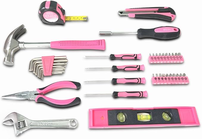 Apollo Tools 39 Piece General Household Tool Set in Toolbox Storage Case with Essential Hand Tools for Everyday Home Repairs, DIY and Crafts - Pink Ribbon - DT9711P