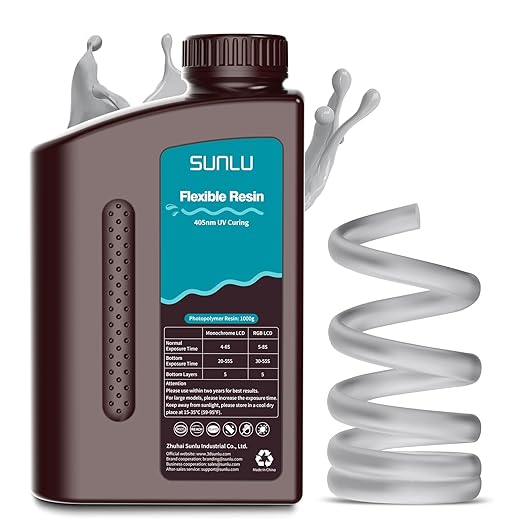 SUNLU Flexible 3D Printer Resin, 70A 3D Printing Resin for Printing Soft and Flexible Items, Bendable and Not Brittle, Fast Curing 405nm UV Photopolymer Resin. 1000G Gray