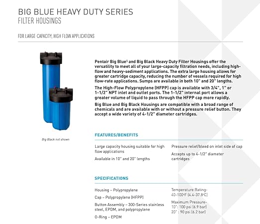 Pentair Pentek 150470 Big Blue Filter Housing, 3/4" NPT, 10-Inch Whole House Heavy Duty, NSF Certified, High-Flow Polypropylene Cap, Holds 4.5" Cartridges, Black/Blue