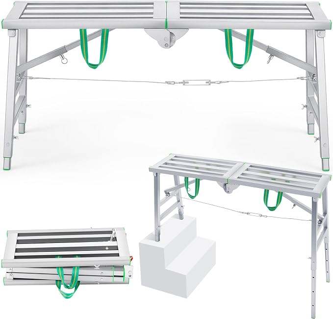Zonon 24" to 35" H Folding Work Platform 400 Lbs Capacity Portable Scaffolding Step Stool 4 Height Adjustment 47" x 11.8" Non Slip Work Platform Ladder for Home Drywall Cleaning Painting