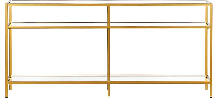 Henn&Hart 64" Wide Rectangular Console Table in Brass, Entryway Table, Accent Table for Living Room, Hallway | Glass shelves with extra long design provide open display and storage for living rooms, entryways, hallways, and offices