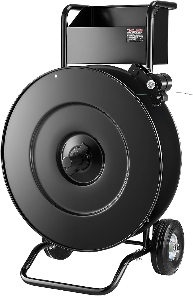 VEVOR Banding Strapping Cart, for PET/PP Coils with 8" or 16" Core, Heavy Duty Strapping Dispenser with Upgrade Drum Brake System, Rubber Wheels and Built-in Spacious Tool Tray, 110 lbs Capacity