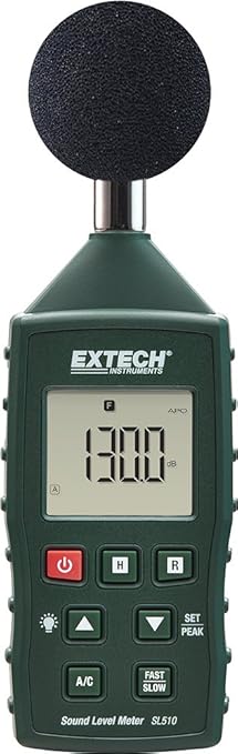 Extech SL510 Sound Level Meter | Sound 35-130 dB, +/-1dB Class 2 (IEC 61672), A/C weighting, fast/slow response, data hold, MIN/MAX, backlit