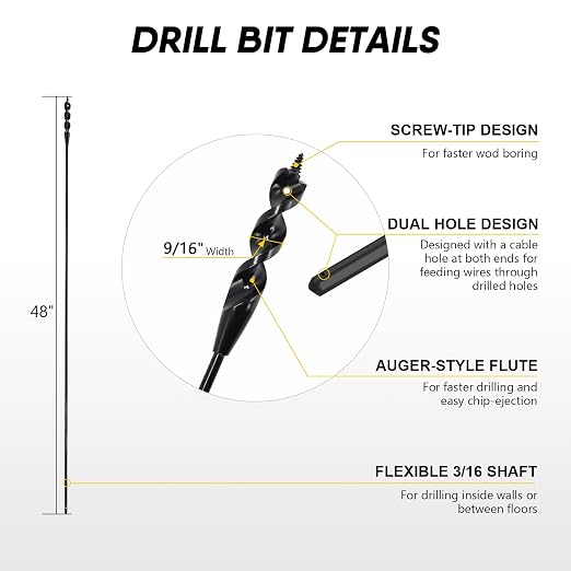 HUAALIUCHE 48" Flexible Installer Drill Bit for Pulling Wires in Walls, Ceilings, and Sidewalks, 9/16" Auger with Screw Point & Fish Eye, 3/16" 3-Flat Shank for Wood & Conduits