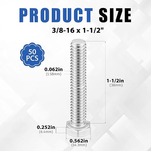 Zonon 50 Pcs 3/8-16 x 1-1/2" Hex Head Screw Bolt 18-8 (304) Stainless Steel Hexagon Bolts, Fully Threaded, Plain Finish, External Hex Drive (Silver)