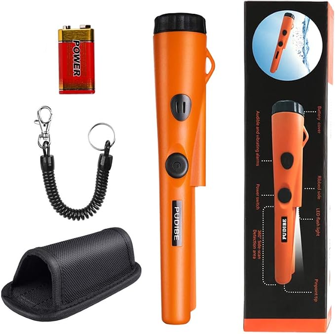 Pinpoint Metal Detector Pinpointer - Fully Waterproof with Orange Color Include a 9V Battery 360 Search Treasure Pinpointing Finder Probe with Belt Holster for Adults and Kids(Three Mode)