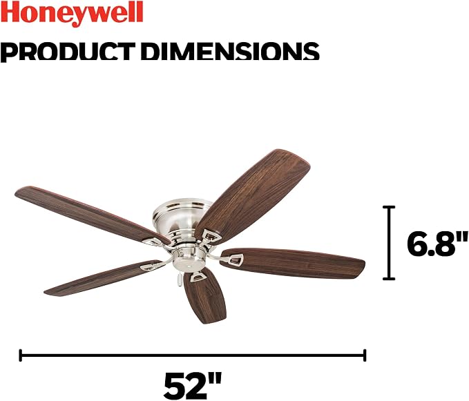 Honeywell Glen Alden 52 Inch Indoor LED Ceiling Fan with No Light, Pull Chain Control, 5 Dual-Finish Blades, Quiet Reversible Motor, Brushed Nickel