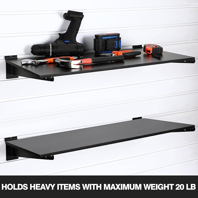 Barydat 6 Sets 23.6 x 11.8 Inch Slatwall Shelves with Metal Brackets Set Heavy Duty Slat Wall Knife Shelf Bracket Accessories Wall Organizer for Garage and Retail Display, Black