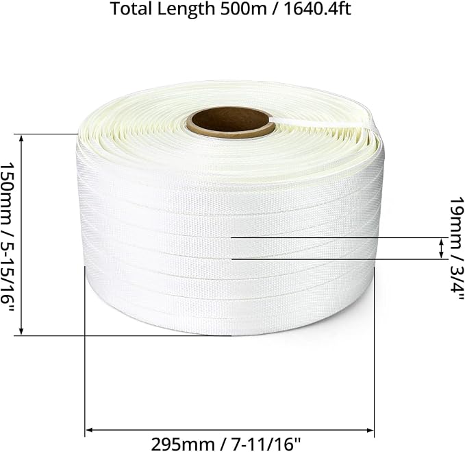 QWORK 3/4" x 1640' Woven Cord Strapping Roll, Heavy Duty Polyethylene Braided Rope Strap Roll, 1830 lb Strong Break Strength 6" x 3" Core, Strength and Flexibility, White