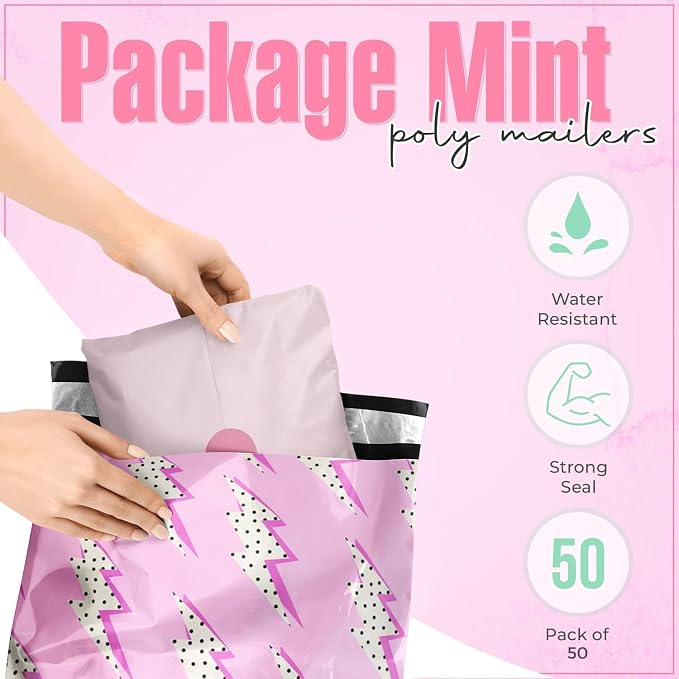 Package Mint 19x24 Poly Mailers - 50 Pack Lightning Bolt Design Poly Mailer Shipping Bags - Waterproof, Tear-Resistant, Self-Sealing Adhesive - Durable Decorative Mailing Bags for Clothes, Accessories