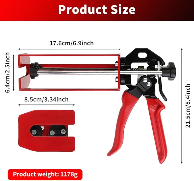 200ml Epoxy Gun Dual Component Professional Heavy-Duty Full Metal Caulking Guns For Dual Cartridges 1:1 & 2:1 Mix Epoxy Applicator For Panel Bonding Structural Repair Adhesive Sealant Red