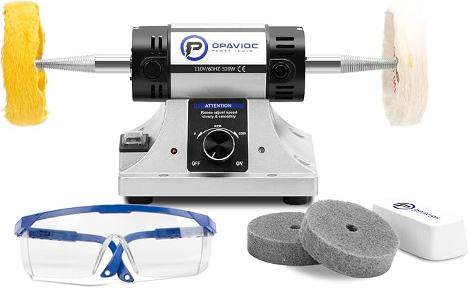 Jewelry Polisher - Adjustable Variable Speed Bench Grinder Polishing & Buffing Machine, Dental Buffer & Lathe - Includes 2 Cloth Wheels, 2 Abrasive Fiber Wheels, Safefy Glass, Polish Compound