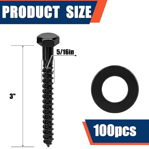Tandefio 100 Pack 5/16''x3'' Hex Head Lag Bolts for Wood Ceramic Black Lag Screw Kit with Washers Heavy Duty Hot Dip Galvanized Coating Double Layer for Decks Fences