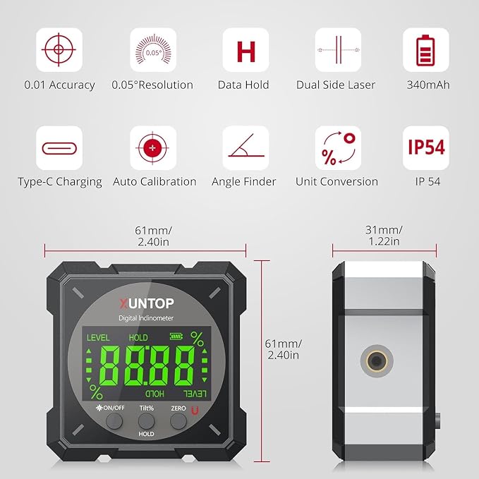 XUNTOP USB Charging Digital Level Box Angle Finder with Laser (Class 2 Laser, <1mW), 4-Side Magnetic Angle Gauge IP54 Waterproof Inclinometer Level, Saving time and Effort Hanging Decorations-Black