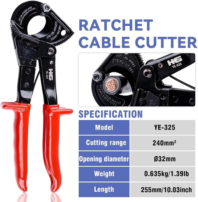 HKS Ratchet Cable Wire Cutter Heavy Duty for Cutting Electrical Aluminum Copper and Multi-core Cables up to 240mm²(AWG 500MCM)