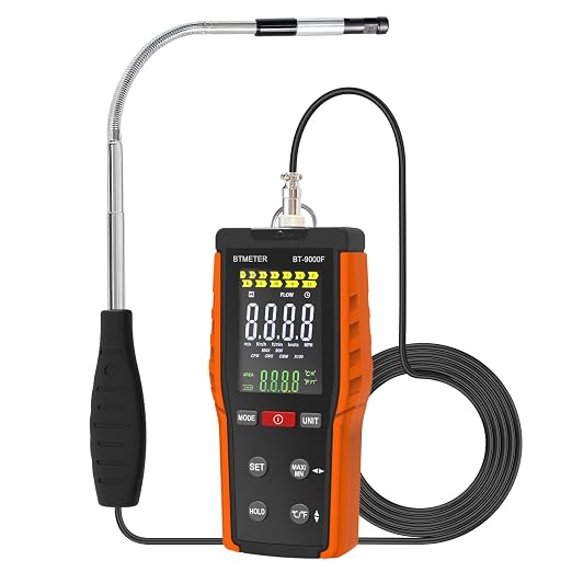 BTMETER Hot Wire Anemometer - CFM/CMM Handheld Wind Speed Meter, Airflow Meter Measure 0.2~67Mph, Thermal Anemometer with 360° Revolve Telescopic Probe & LCD Backlight for HVAC Duct Air Vent BT-9000F
