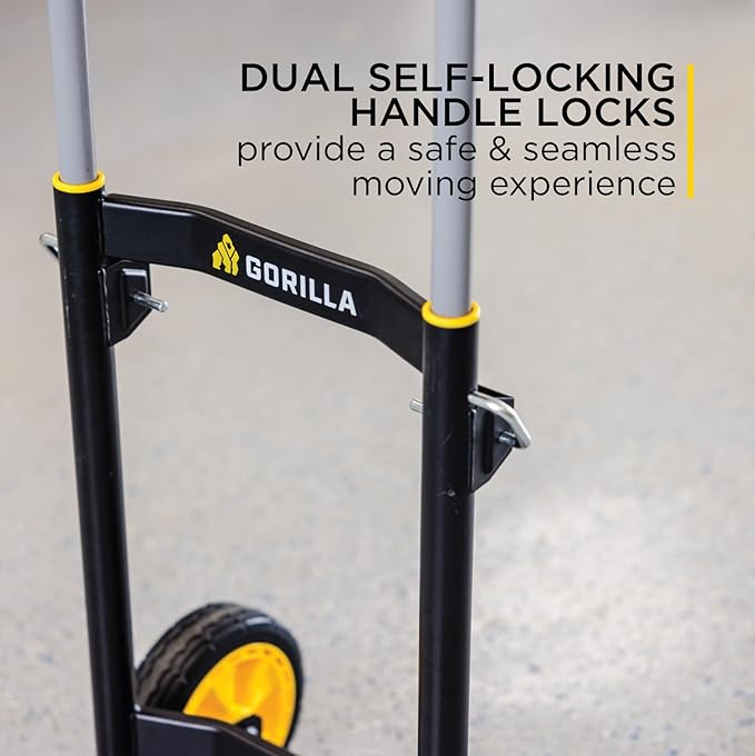 Gorilla 400 lb Capacity Steel Hand Truck, Telescoping Handle, Patented Trailer Locks, 8" No-Flat Wheels, Heavy-Duty Black Hand Truck