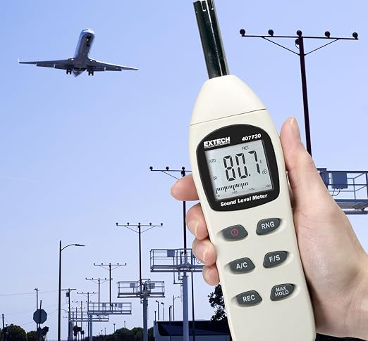 Extech 407730 Digital Sound Level Meter 40-130dB | 0.1dB resolution, 2dB accuracy, analog bargraph, max/min, max hold, auto power off, windscreen