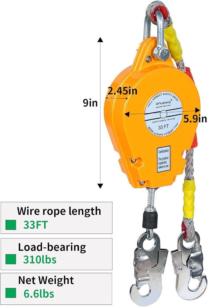 33FT Self Retracting Lifeline, Adjustable Retractable Lifeline Fall Protection Rope, Heavy Duty Retractable Lanyard, Roofing Lifelines, Industrial Fall Arrest Retractor