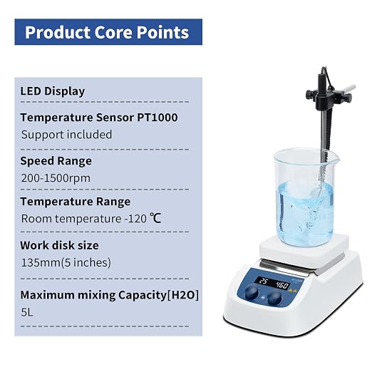 ONiLAB 120℃ 5 inch LED Digital Hotplate Magnetic Stirrer with Ceramic Coated Stainless Steel Work Plate, 200-1500rpm,5L,110V,Temp Probe Sensor & Support Stand & Stirring Bar Included