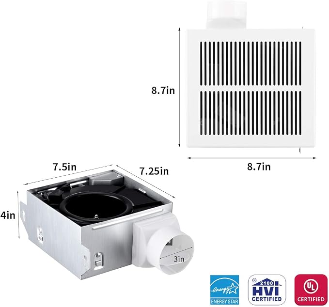 Tech Drive Very Quiet Bathroom fan 50 CFM,1.0Sone,DC Motor,3 Inch Duct | No Attic Access Needed, HVI and Energy Star Certified, Easy to Install,Ceiling Mounted, White