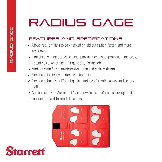 Starrett Radius Gauge Set - 8-15mm Range, 1mm Increment, Millimeter Without Holder, Satin Finish, 8 Stainless Steel Gauges - S167MBZ