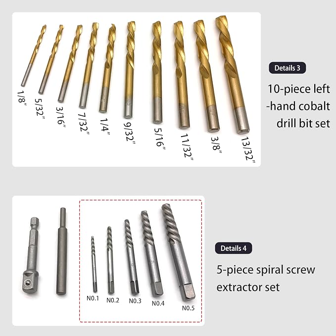 40PCS Bolt Screw Extractor Set, Easy Out Bolt Remover Adaptor Kit with Hex Adapter, Knockout Pin, Left Hand Cobalt Drill Bit, Bolt Extractor Removal Tool for Damaged, Studs, Rusted, Screw