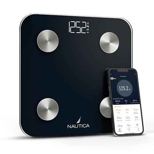 Nautica Body Tracker Digital Bathroom Scale, Bluetooth-Enabled Smart Scale with BMI, Body Fat, Muscle Mass Tracking & More, Syncs with Smartphone App for Body Composition Tracking, 396 Lbs.