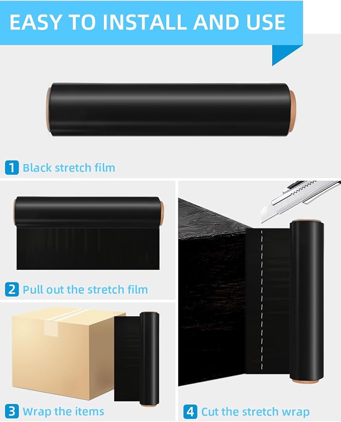 18" Black Stretch Wrap Roll, Heavy Duty 18 Inch 1500ft Shrink Wrap, 4 Pack | Industrial Strength, 80 Gauge Stretch Film, Self-Adhesive Cling, Plastic Wrap for Pallet Wrapping Shipping Moving Furniture