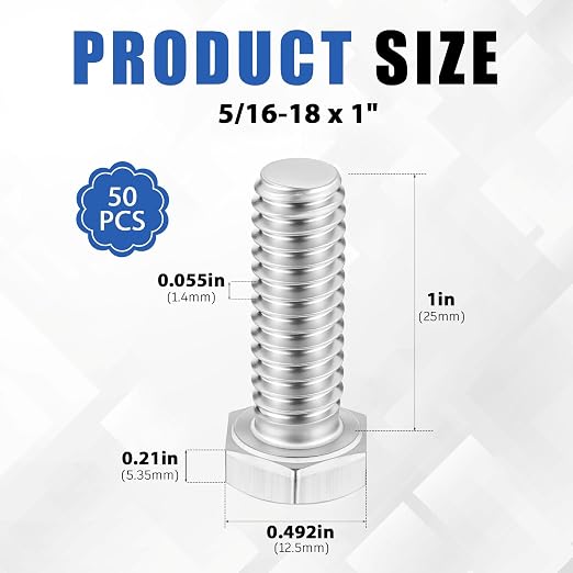 Zonon 50 Pcs 5/16-18 x 1" Hex Head Screw Bolt 18-8 (304) Stainless Steel Hexagon Bolts, Fully Threaded, Plain Finish, External Hex Drive (Silver)