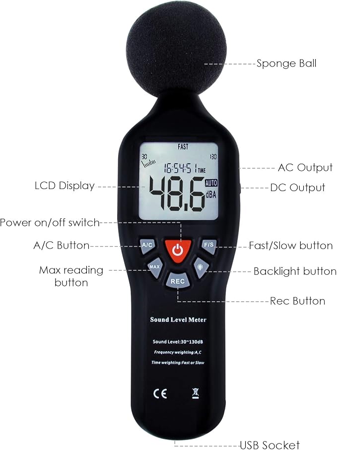 Decibel Meter Sound Level Meter with Data Logging, High Accuracy dB SPL Meter with LCD Backlight, Real-time Display, 30-130 dB Range, Connect Software in PC
