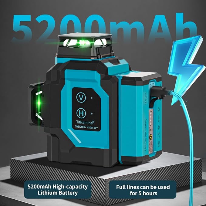 Takamine Laser Level 360 Self Leveling, 3x360° Cross Line Lazer Leveler Tool for Construction and Picture Hanging, 3D 12 Lines Green Laser Level, APP Control