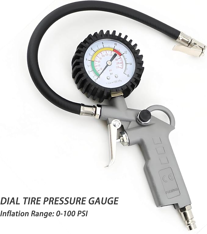 7-Piece Multi-Purpose Air Compressor Accessory Kit, Air Blow Gun and Extendable Air Nozzles, 5 Meter Long PU Air Hose, 100PSI Tire Pressure Gauge with Inflator, 1/4" NPT Air Coupler